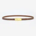 Women's brown thin leather belt with gold irregular buckle, versatile accessory for dresses. - Gold Buckle Caramel