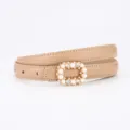 Women's khaki thin leather dress belt featuring an elegant pearl rhinestone buckle accessory. - 100cm / Napa Khaki