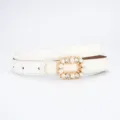 Elegant white leather dress belt featuring a sparkling pearl and rhinestone buckle for women. - 100cm / Patent White