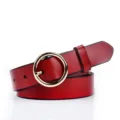 Red leather belt for women with a sleek round gold buckle, casual and trendy daily accessory. - Gold Buckle - Red