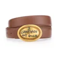 Women brown leather belt with retro metal oval buckle and slogan engraving for daily wear. - 100cm / Coffee