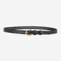 Black leather belt for women featuring stylish hollow out pattern and chic gold pin buckle. - Diamond Black - Omega Buckle