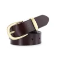 Genuine leather women belt in dark brown color with stylish metal buckle for casual pants - Gold Buckle - Coffee / 105cm