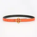Orange leather belt for women with elegant gold metal cross buckle and white stitching. - Cross Flower Metal Buckle / 100cm / Orange