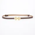 Women thin brown leather belt with sparkling crystal four leaf clover buckle for dress fashion - Napa Coffee / 95cm