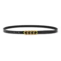 Black thin leather belt with vintage gold interlinked metal buckle for women daily wear. - Single Layer Twisted / Black
