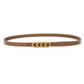 Slim brown leather belt for women with stylish gold chain buckle minimalist fashion accessory. - Single Layer Twisted / Caramel color