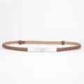 Women's slim brown leather belt with metallic rectangular buckle for dresses and suits. - 95-98cm / Silver Buckle - Caramel