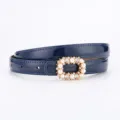 Women's dark blue patent leather belt with elegant pearl and rhinestone buckle for dresses. - 100cm / Patent Blue