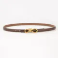 Women brown leather thin belt with elegant gold knot bow buckle stylish waist accessory - Transfer Film Style / Coffee