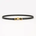 Women thin black leather belt with gold knot bow metal buckle elegant dress waist strap - Saffiano Grain Style / Black