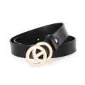 Ceinture femme en cuir noir mode avec boucle anneau double dorée accessoire jean élégant chic. - Noir / 100cm