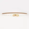 Elegant white leather thin belt featuring a stylish gold-tone metal knot buckle for women. - Saffiano Grain Style / White