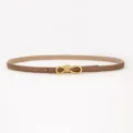 Brown leather thin belt for women with elegant metal knot buckle, stylish dress accessory. - Saffiano Grain Style / Caramel color