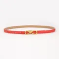 Stylish red leather thin belt with elegant gold knot buckle for women dresses and shirts. - Saffiano Grain Style / Red