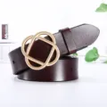 Ceinture en cuir véritable pour femme avec boucle géométrique dorée élégante chic. - 100cm / Café