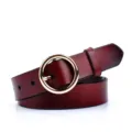 Burgundy leather belt with gold round buckle, fashionable women daily accessory item. - Gold Buckle-Reddish Brown