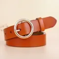 Women genuine leather belt with round metal buckle, casual stylish waist belt for jeans. - Camel With Silver Buckle