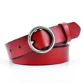Stylish red women's leather belt with a round metal buckle, perfect for casual and chic looks. - Silver Buckle - Red