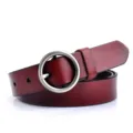 Women leather belt wine red round metal buckle casual jeans belt stylish minimalist accessory - Reddish Brown with Silver Buckle