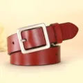Red leather belt for women with stylish silver square buckle minimalist design casual. - Red Brown
