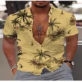 Detailed view of men's tropical palm tree print short sleeve vacation shirt in yellow. - S / Tops / Yellow Print (CDX105221)