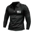 Maglia polo a maniche lunghe da uomo con collo a zip e stampa bandiera per uso sportivo e casual. - Nero