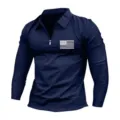 Vista dettagliata della polo a maniche lunghe blu scuro con colletto con zip e stampa. - 3XL / Top / Blu scuro