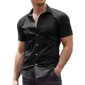 Mens casual athletic stretch short sleeve lapel button down black shirt detail view design - 3XL / Top (0032) / Black