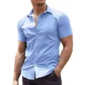 Close-up detail of mens short sleeve stretch blue casual shirt showcasing fabric texture. - 3XL / Top (0032) / Light Blue