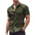 Olive green short sleeve muscle fit button-up shirt detail and collar display. - 3XL / Top (0032) / Olive Green