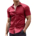 Men short sleeve slim fit red button down shirt detail view, breathable casual stretch top. - 3XL / Top (0032) / Red