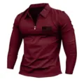 Polo Uomo Manica Lunga Casual Top con Zip e Risvolto con Grafica Bandiera Borgogna - 3XL / Top / Borgogna