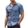 Men's short sleeve stretch dress shirt in solid blue color, casual business slim fit. - 3XL / Top (0032) / Black