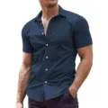 Men's casual short sleeve button down dress shirt muscle fit solid color business top - 3XL / Top (0032) / Dark Blue