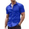 Men's short sleeve royal blue dress shirt solid color slim fit casual button down top - 3XL / Top (0032) / Royal Blue
