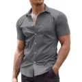 Men's short sleeve slim fit button down casual shirt solid color summer business top. - 3XL / Top (0032) / Gray