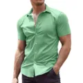 Men's solid color short sleeve casual lapel button down dress shirt in light green - 3XL / Top (0032) / Light Green