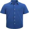 Detail view of the classic blue mens short sleeve casual shirt featuring a chest pocket. - S / Tops / Dark Blue