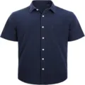 Men's solid color short sleeve casual button-down shirt with chest pocket in dark blue. - S / Tops / Navy Blue