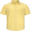 Yellow short sleeve casual shirt detail view, featuring classic lapel and single chest pocket. - S / Tops / Yellow
