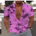 Men's casual short sleeve tropical print shirt, stylish palm tree button down top for summer. - 3XL / Tops / Pink Sunset Island Print (ZHL-DXCS-4164)