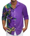 Men's purple long sleeve button down shirt featuring vibrant 3D carnival mask graphic print. - Top (HJCC08164)