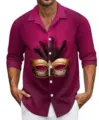 Men's casual long sleeve shirt featuring a 3D masquerade mask print, turn-down collar style. - Top (HJCC08165)