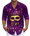 Men long sleeve button down shirt with 3d mardi gras print casual loose lapel top. - Top (HJCC08167)