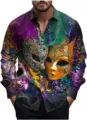 Men's Carnival Mask 3D Print Long Sleeve Shirt, Colorful Festive Casual Button Up Top. - XL / Top (HJCC08169)