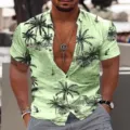 Men's short sleeve casual tropical palm tree print hawaiian summer button up shirt. - 3XL / Tops / Light Green Vacation Landscape (HJ-DCXS-08281)