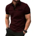 Detailed view of men's short sleeve polo shirt featuring contrast collar and pocket trim. - S / Tops / Burgundy