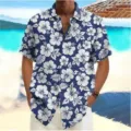 Men's short sleeve hawaiian shirt blue floral print summer casual button down beach shirt - Dark Blue Hibiscus Print (HJ-DCXS-08285)