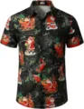 Herren Weihnachts Kurzarm Hemd schwarz 3D Weihnachtsmann Druck lose Revers Freizeithemd - 3XL / Oberteile / Schwarzer Weihnachtsschlitten Stil (HJDXCS-19)